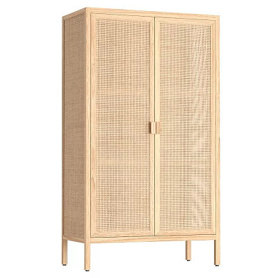 Natural Light Wood Decorative Cabinet With Rattan Doors And Double Door Design For Home Decor 3d model