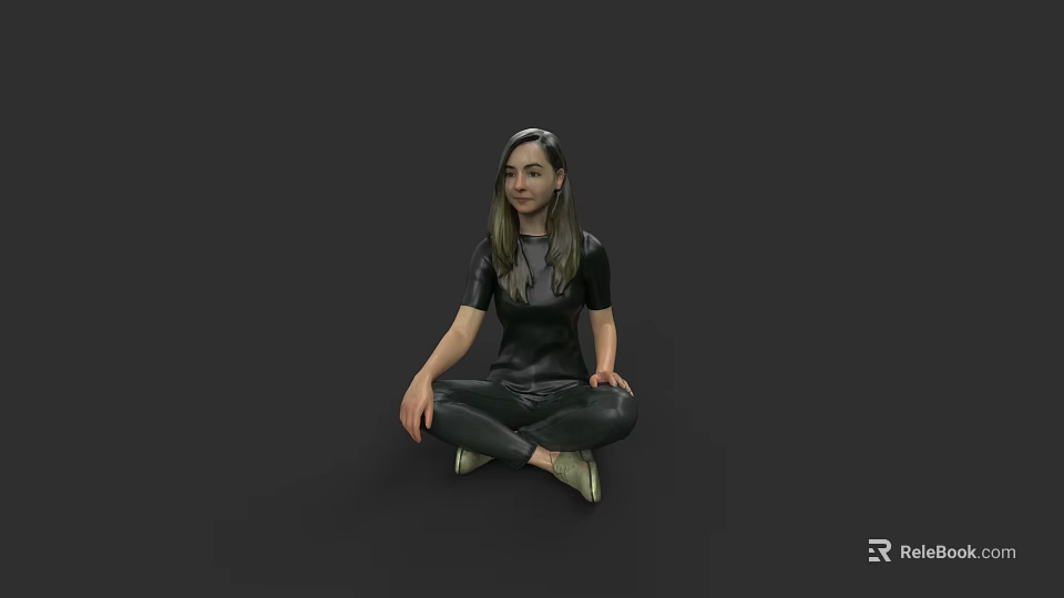 Woman Sitting On Floor In Black Tight Outfit Gray Top And Golden Shoes Gray Background 3d model 