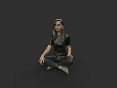 Woman Sitting On Floor In Black Tight Outfit Gray Top And Golden Shoes Gray Background 3d model