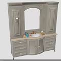 Elegant Modern Dressing Vanity Table With Arch Mirror Cabinets Drawer Storage Countertop And Decorative Bottles