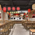 Hot Pot Restaurant Interior With Red Lanterns Wooden Tables Chairs And Chinese Decor