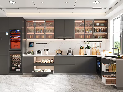 Modern Kitchen Interior With Dark Cabinets Glass Door Upper Cabinets Marble Countertop And Natural Light 3d model