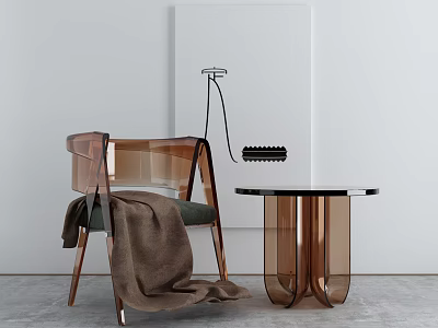 Modern Transparent Leisure Chair With Brown Blanket And Round Side Table 3d model