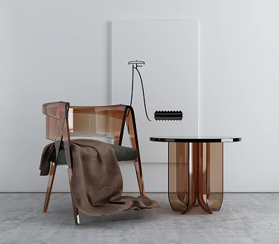 Modern Transparent Leisure Chair With Brown Blanket And Round Side Table 3d model