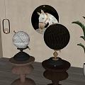 Decorative Globe Sculptures On Wooden Carved Stands With Hanging Lamp And Potted Plant