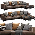 Brown Leather Sofa With Multiple Pillows And Blanket In Various Colors 3d model