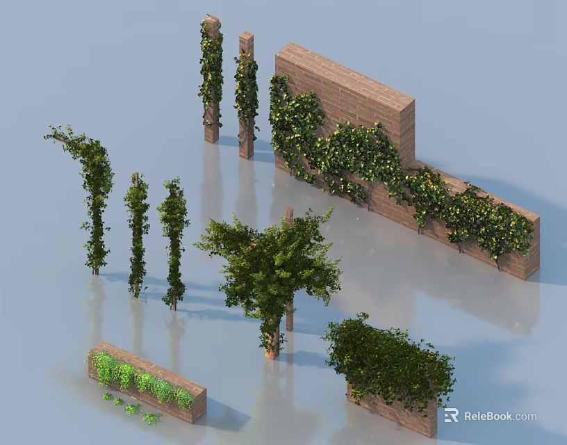 Lush Green Vines Covering Brick Walls And Wrapping Around Decorative Pillars 3d model 