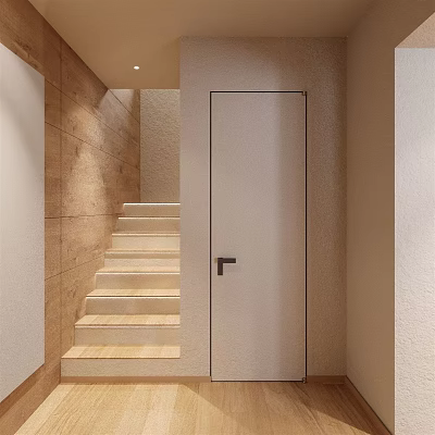 Modern Interior Entryway With Beige Tile Staircase And White Door Design 3d model