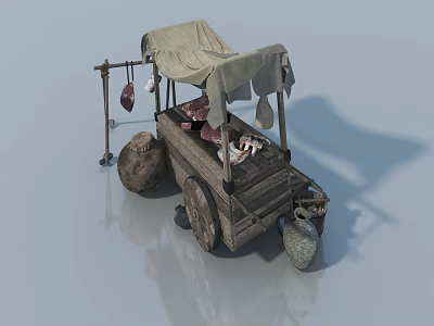 Vintage Wooden Swing Door Meat Cart With Canvas Canopy And Clay Pots 3d model