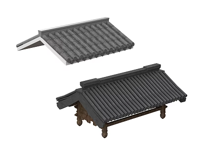 Traditional Asian Roof Structures With Gray Tiles And Wooden Support Details 3d model