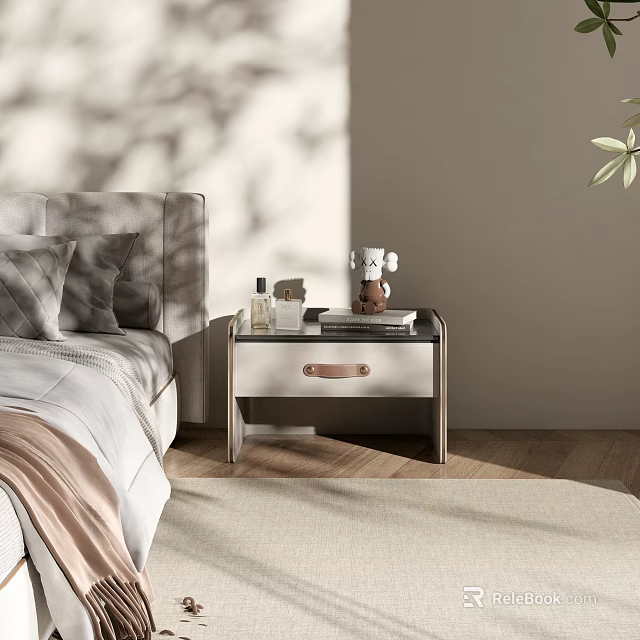 Modern Wooden Nightstand With Drawer And Decorative Items Beside Bed 3d model 