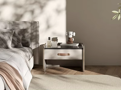 Modern Wooden Nightstand With Drawer And Decorative Items Beside Bed 3d model