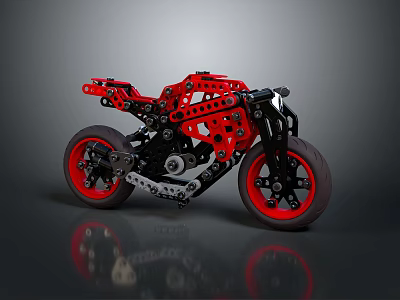 Red Motorcycle Model Constructed with Blocks Black Red Frame Tires Handlebars Dark Background Reflective Surface 3d model