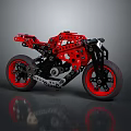 Red Motorcycle Model Constructed with Blocks Black Red Frame Tires Handlebars Dark Background Reflective Surface