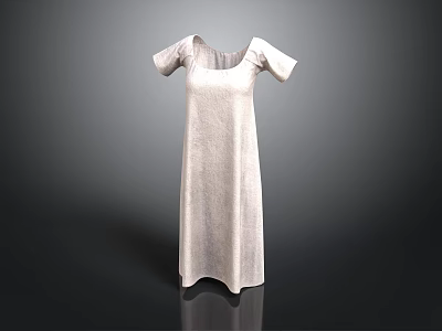 White Linen Long Summer Dress With Short Sleeves And Simple Elegant Design 3d model