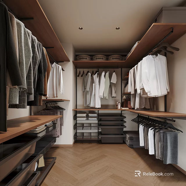 Modern Organized Walk In Closet With Hanging Clothes Shelves Drawers And Wooden Flooring 3d model 