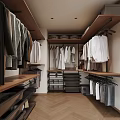 Modern Organized Walk In Closet With Hanging Clothes Shelves Drawers And Wooden Flooring