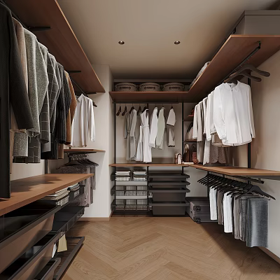 Modern Organized Walk In Closet With Hanging Clothes Shelves Drawers And Wooden Flooring 3d model