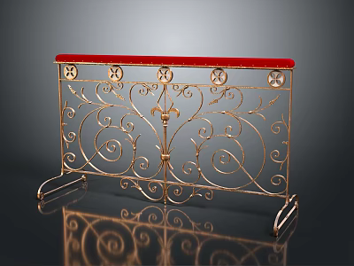 Ornate Gold Metal Fence With Curved Scroll Design And Red Top 3d model