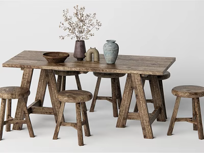 Wooden Dining Table Set with Long Table Matching Stools Vases Bowl and Dried Flowers 3d model