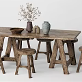 Wooden Dining Table Set with Long Table Matching Stools Vases Bowl and Dried Flowers