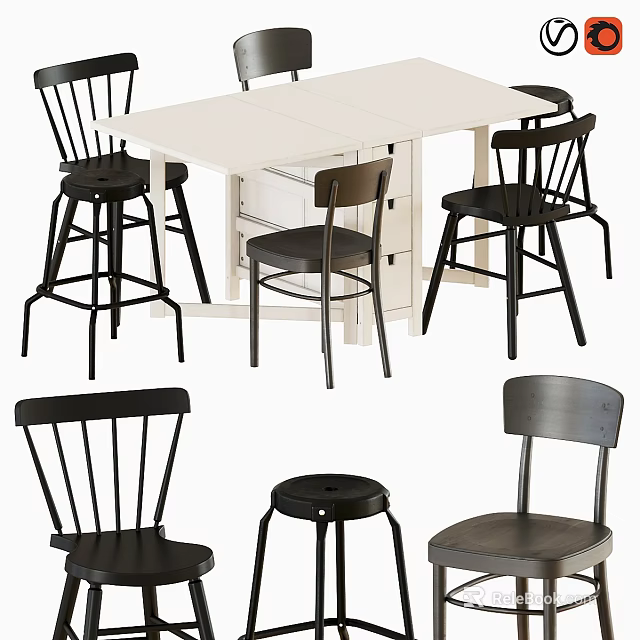 Modern White Dining Table Set With Black Gray Bar Stools And Chairs 3d model