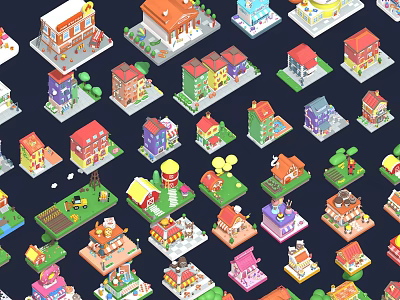 Colorful Cartoon Isometric Small Houses With Various Designs And Green Landscape Elements 3d model