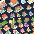 Colorful Cartoon Isometric Small Houses With Various Designs And Green Landscape Elements
