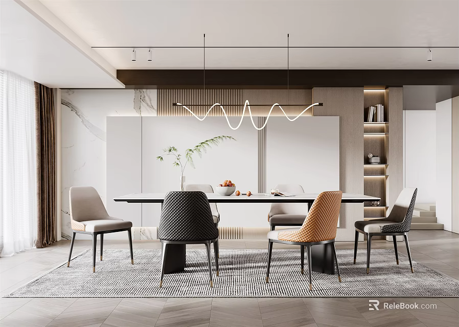 Modern Restaurant Dining Room Interior With Rectangular Table Colorful Chairs Pendant Light And Decorative Vase 3d model 