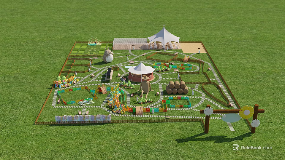 Scenic Green Lawn Planned Area With White Tents Maze Hay Bales And Paths 3d model 