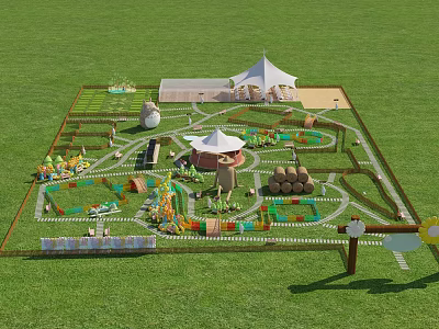 Scenic Green Lawn Planned Area With White Tents Maze Hay Bales And Paths 3d model