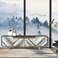 Elegant Chevron Striped TV Stand With Marble Panels And Vases By Window With Misty Pine Trees