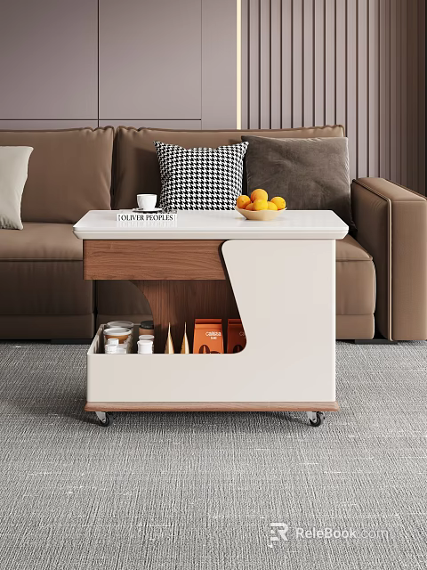 Modern Mobile Side Table With Storage Space And Oranges By Sofa 3d model