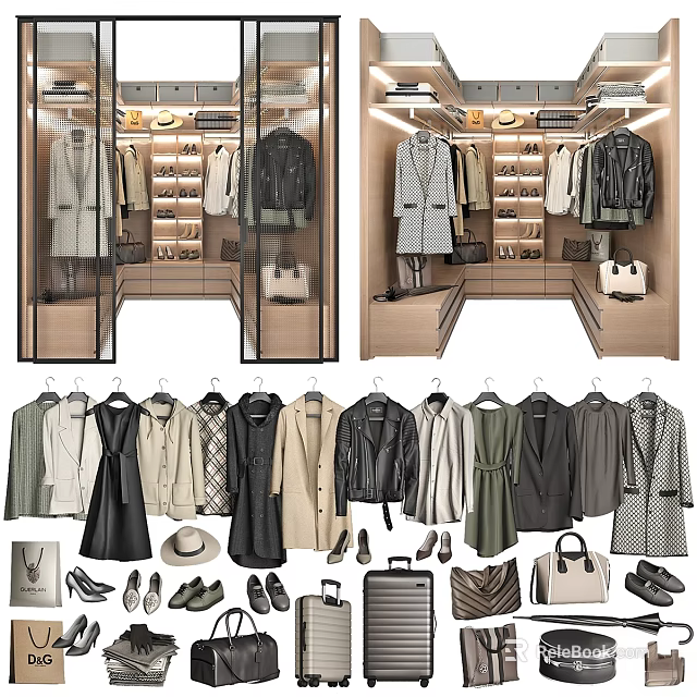 Modern Double Sofa In Stylish Walk In Closet With Coats Bags And Accessories 3d model 