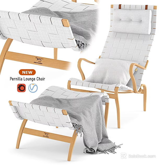 New Pernilla Lounge Chair with Woven Design Wooden Frame and Gray Cushion Blanket 3d model 