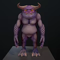 Purple Horned Creature with Bulging Belly and Scaly Arms in Three Views on Display Stand