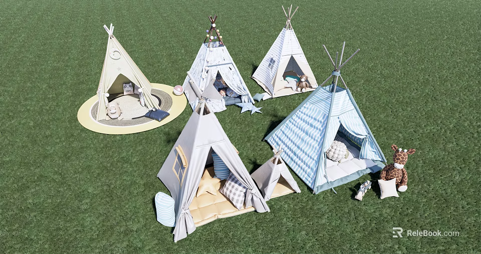 Colorful Kids Tepee Tents With Cushions And Stuffed Giraffe On Green Grass 3d model 