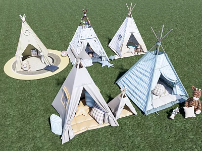 Colorful Kids Tepee Tents With Cushions And Stuffed Giraffe On Green Grass 3d model