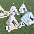 Colorful Kids Tepee Tents With Cushions And Stuffed Giraffe On Green Grass