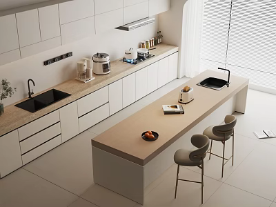 Modern Kitchen Interior With White Cabinets Island Counter And Dining Chairs 3d model