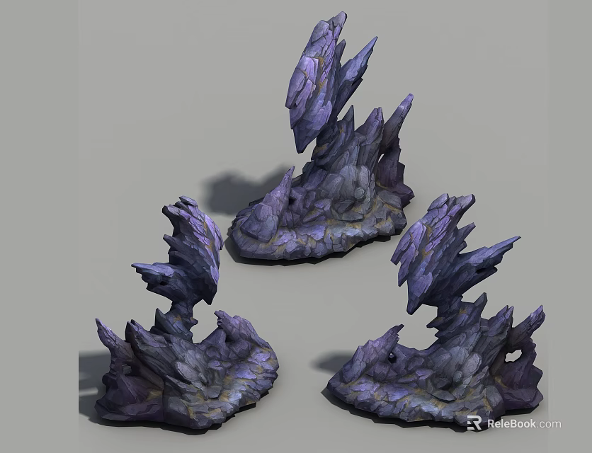 Three Fantasy Creatures Resembling Spiky Purple Gray Rock Formations With Jagged Edges 3d model