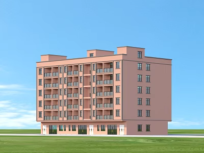 Pink Multi Story Detached Villa With Multiple Balconies Against Blue Sky And Green Lawn 3d model