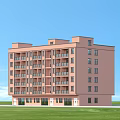 Pink Multi Story Detached Villa With Multiple Balconies Against Blue Sky And Green Lawn