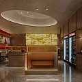 Modern Restaurant Interior With Red Walls Food Display Posters Dining Tables And Chairs
