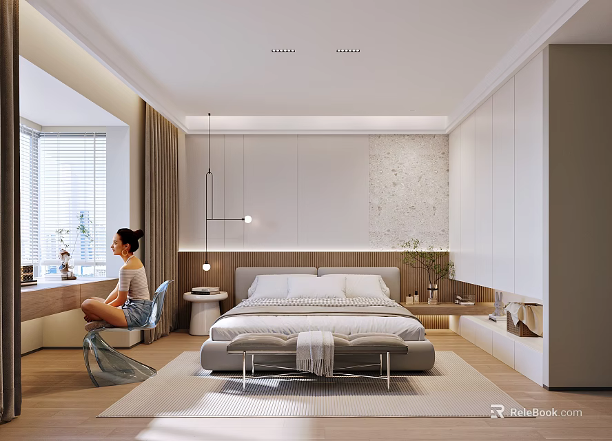 Modern Minimalist Bedroom Interior With Large Bed Decorative Wall And Pendant Lights 3d model 