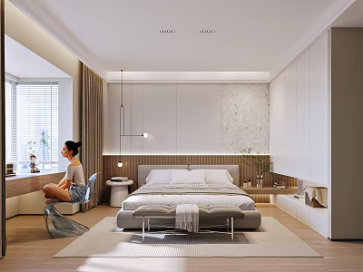 Modern Minimalist Bedroom Interior With Large Bed Decorative Wall And Pendant Lights 3d model