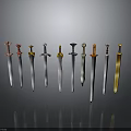 Various Colored And Designed Swords Arranged In A Row With Gray Gradient Background And Reflections