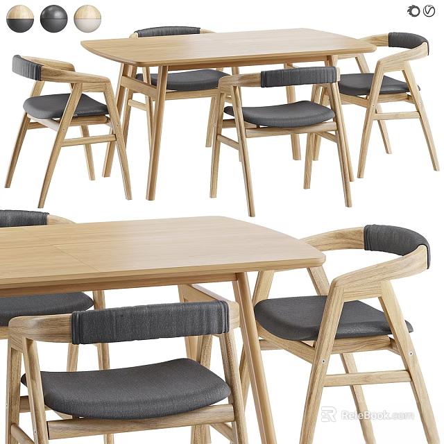 Modern Wooden Rectangular Dining Table And Chairs Set For Dining Room With Gray Cushions 3d model