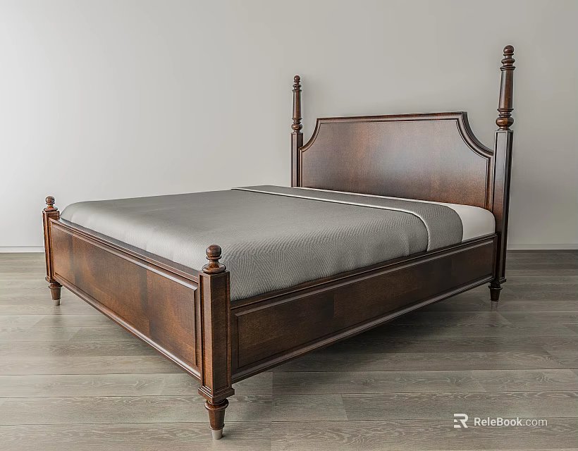 Classic Wooden Double Bed With Carved Headboard Dark Brown Frame And Gray Mattress 3d model 