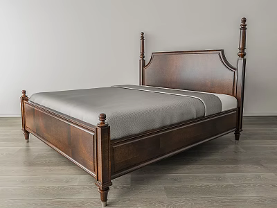 Classic Wooden Double Bed With Carved Headboard Dark Brown Frame And Gray Mattress 3d model